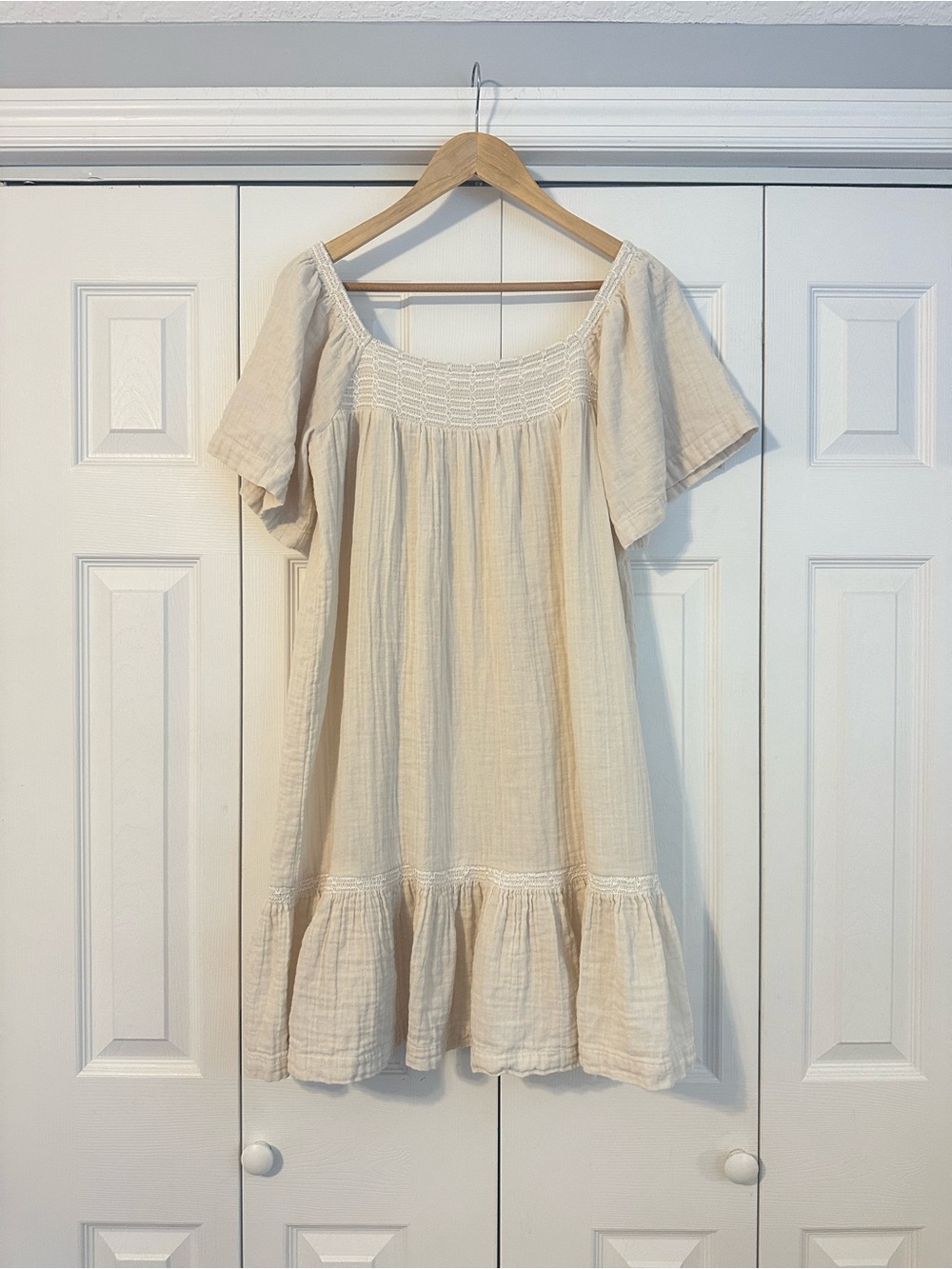 Cream Smocked Neck Peasant Dress, Medium